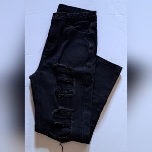Genleck Black Denim Distressed Boyfriend Jeans High-Waist Baggy Women's Size M
